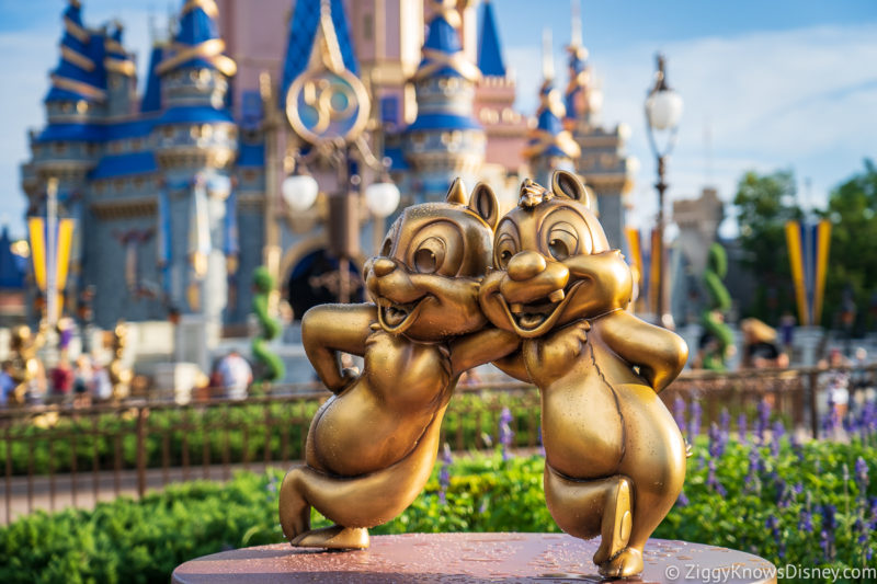 Chip and Dale Disney World 50th Anniversary Golden Statues Magic Kingdom