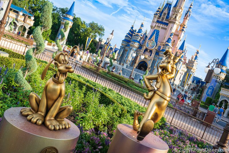 Pluto and Goofy Disney World 50th Anniversary Golden Statues Magic Kingdom