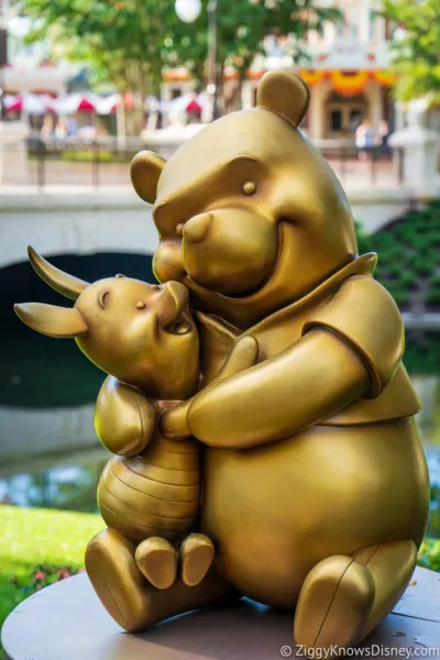 Winnie the Pooh and Piglet Disney World 50th Anniversary Golden Statues Magic Kingdom