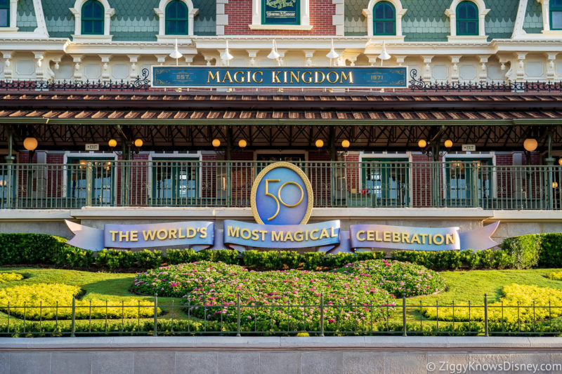 The front of the train station at the Magic Kingdom