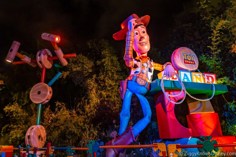 Woody statue at entrance to Toy Story Lane Hollywood Studios