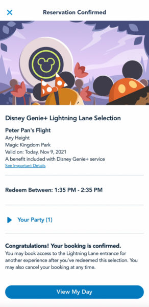 Disney Genie+ Lightning Lane selection confirmation