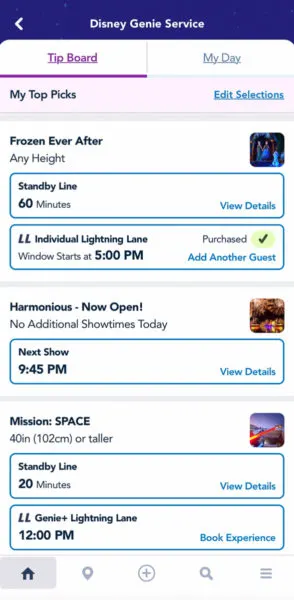 See Individual Lightning Lane selection in Tip Board