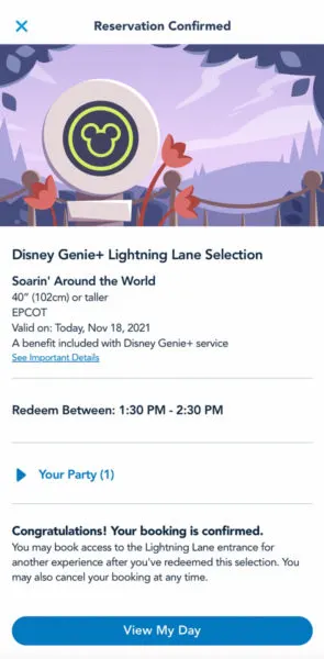 Disney Genie+ Lightning Lane Reservation Soarin Around the World
