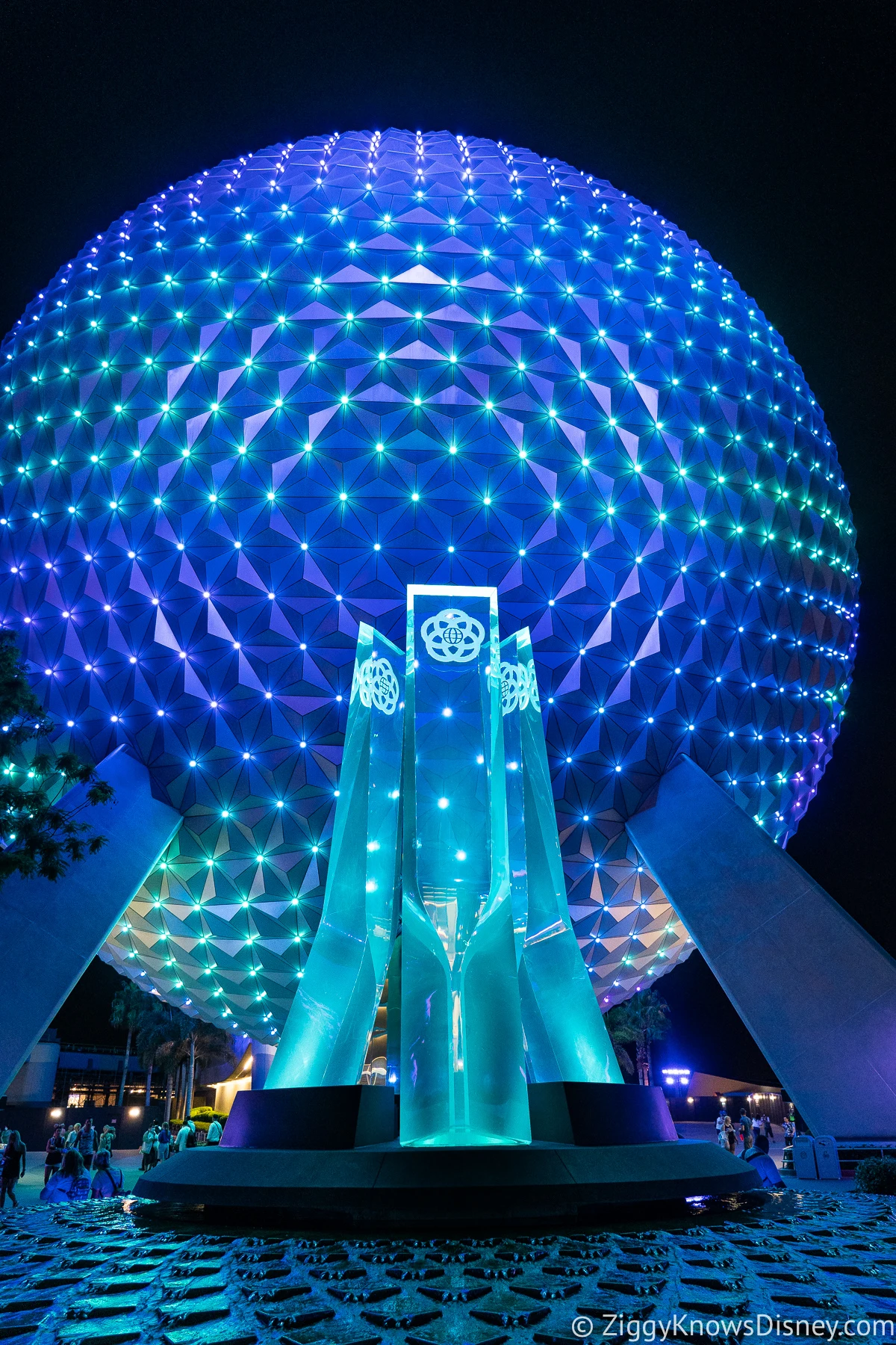 Spaceship Earth EPCOT lit up at night