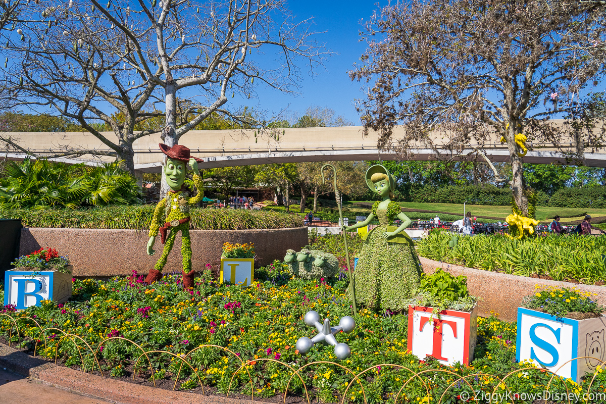 Woody, Bo Peep, and her Sheep Topiaries 2022 EPCOT Flower and Garden Festival