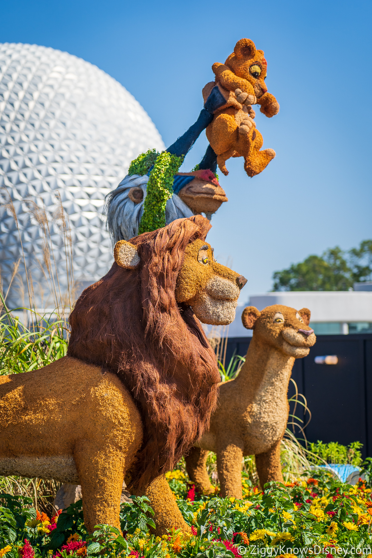 Simba and Friends Topiaries in front of Spaceship Earth 2022 EPCOT Flower and Garden Festival