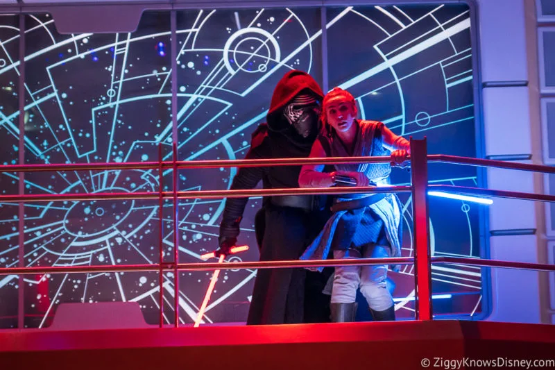 Rey and Kylo Ren fighting on Star Wars: Galactic Starcruiser