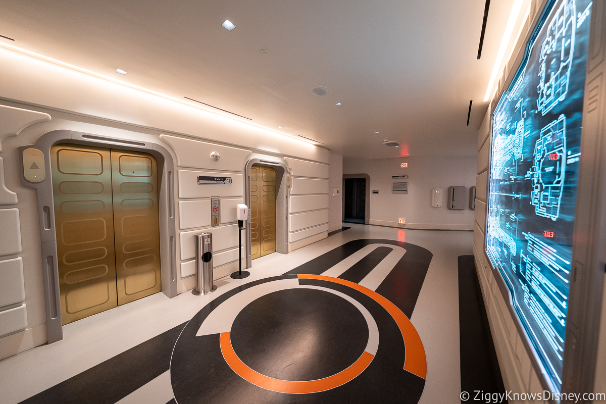 Elevators in hallway of Star Wars Galactic Starcruiser Hotel