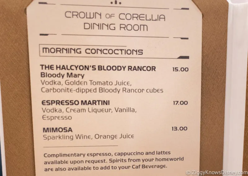 Crown of Corellia Dining Room Breakfast Cocktail Menu