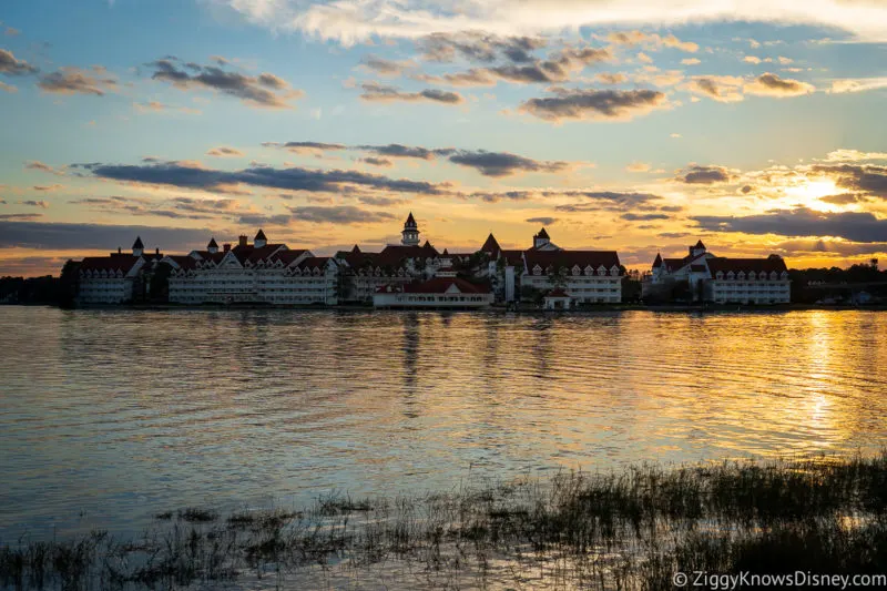 Disney's Grand Floridian Resort across the Seven Seas Lagoon at sunset