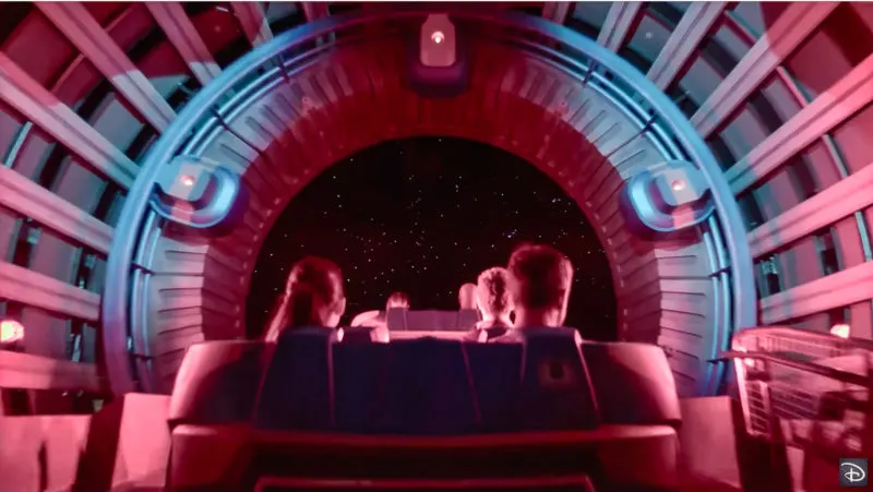 Kids riding an amusement cart at Guardians of the Galaxy: Cosmic Rewind.