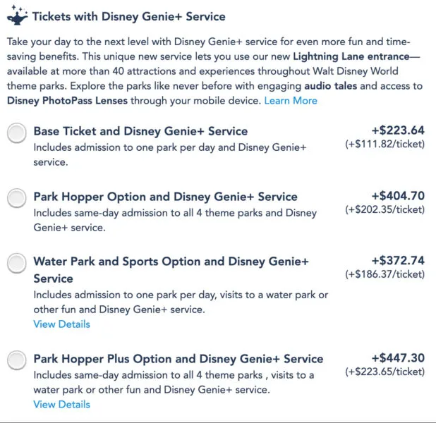 Adding Disney Genie Plus ahead of time Vacation Package