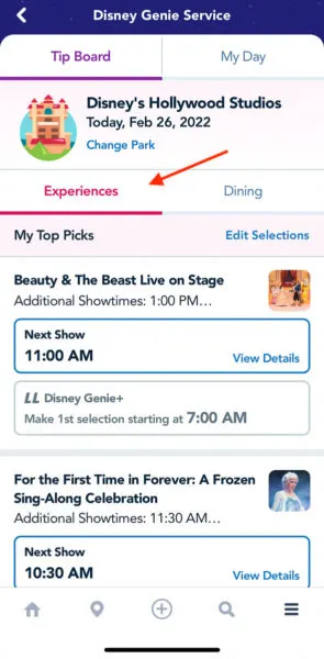 Experiences tab Disney Genie Plus