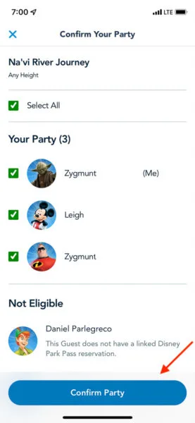 Confirm Party Disney Genie Plus