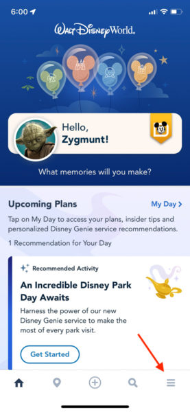 Clicking menu button My Disney Experience Disney Genie Plus