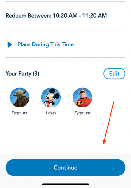 continue Button Disney Genie Plus Ride Reservation