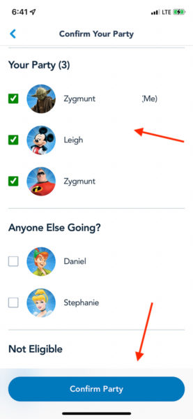 Confirm your party Disney Genie Plus