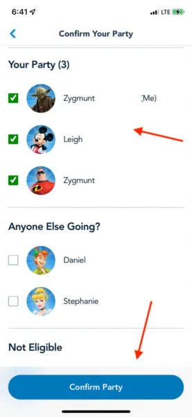 Confirm your party Disney Genie Plus