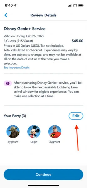 Edit guest list Disney Genie Plus