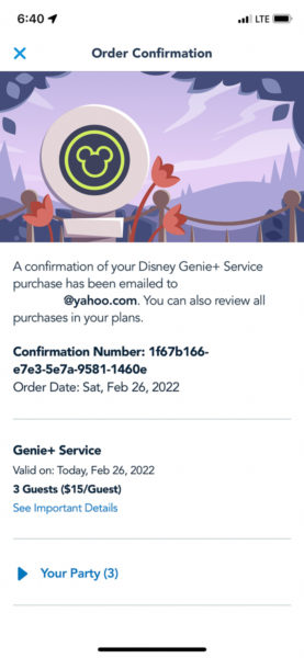 Order Confirmation Disney Genie Plus