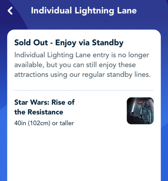 Individual Lightning Lane Sold out Star Wars: Rise of the Resistance