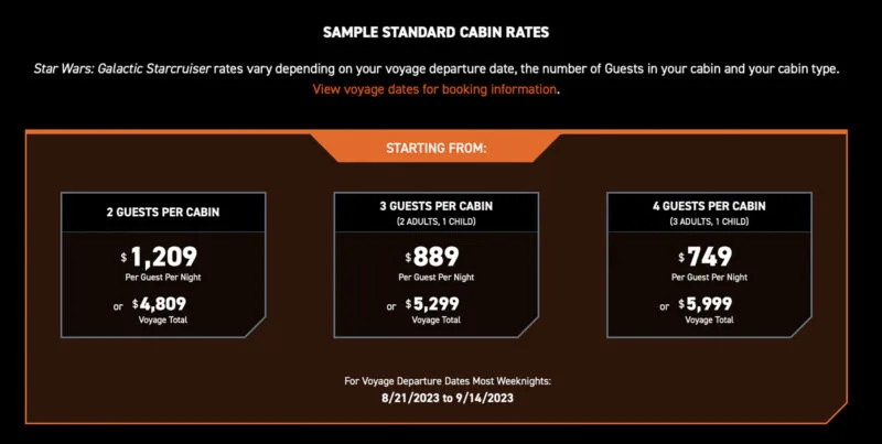 Prices for Star Wars: Galactic Starcruiser reservations