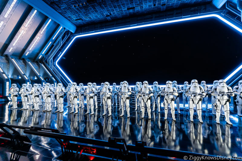 Stormtroopers in rows in hanger bay Star Wars: Rise of the Resistance