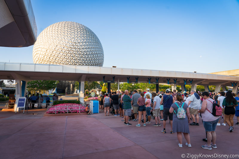 outside EPCOT waiting in line for Guardians of the Galaxy: Cosmic Rewind