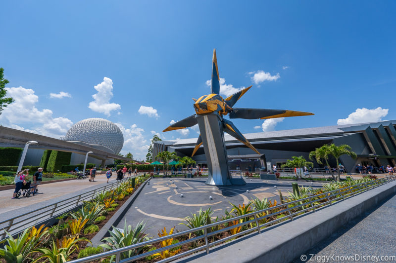 Nova Starship outside Cosmic Rewind with Spaceship Earth in background