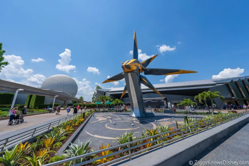 Nova Starship outside Cosmic Rewind with Spaceship Earth in background