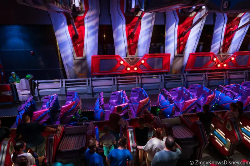 Guardians of the Galaxy: Cosmic Rewind ride vehicle at loading station
