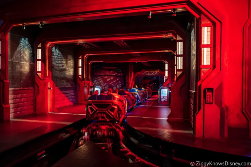 Ride Vehicle leaving the station Guardians of the Galaxy: Cosmic Rewind