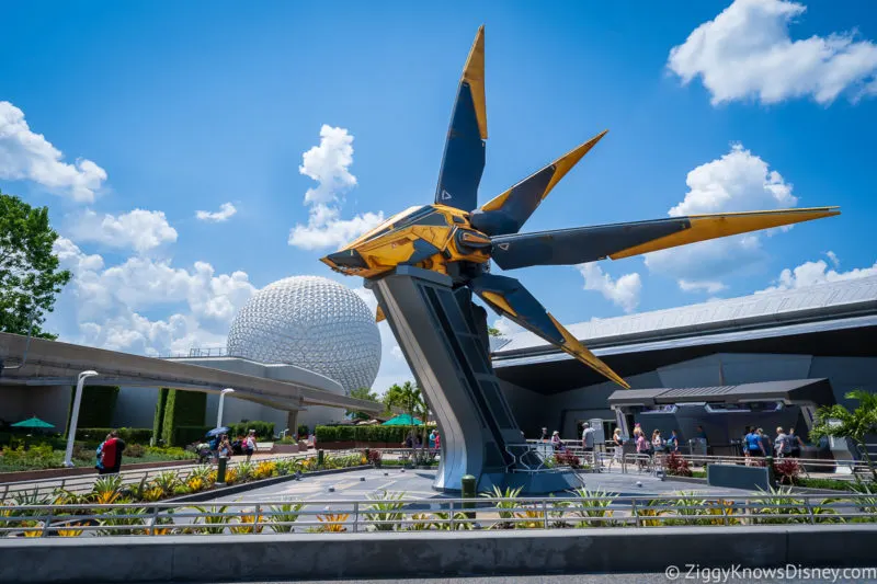 Nova starship and Spaceship Earth outside Guardians of the Galaxy: Cosmic Rewind