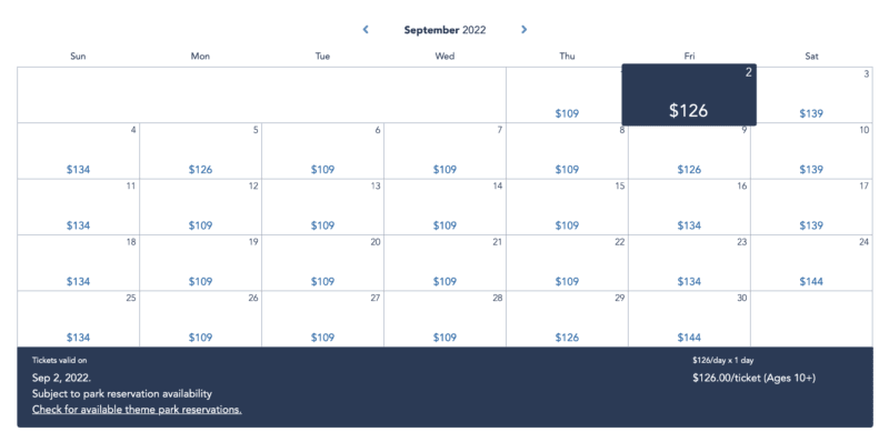 WDW Ticket Prices Single Day September 2022