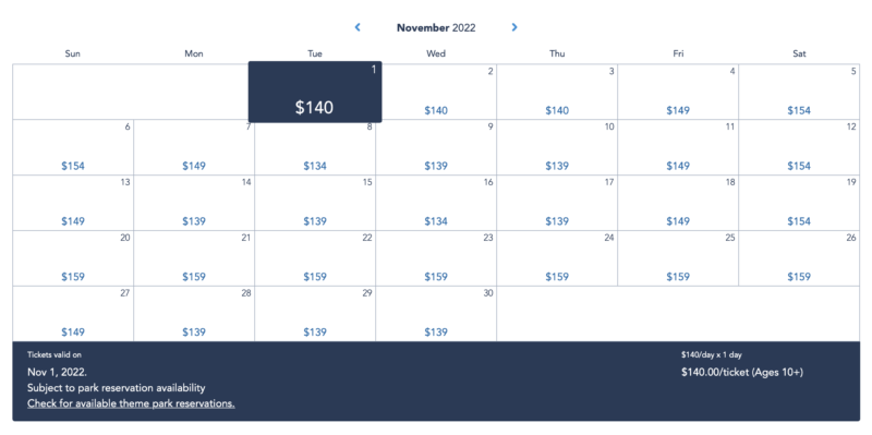 WDW Ticket Prices Single Day November 2022