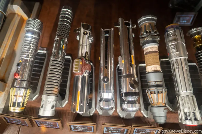 Star Wars Legacy Lightsabers in a display case