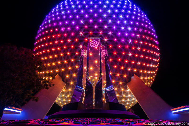 Spaceship Earth at night with lights EPCOT Genie+