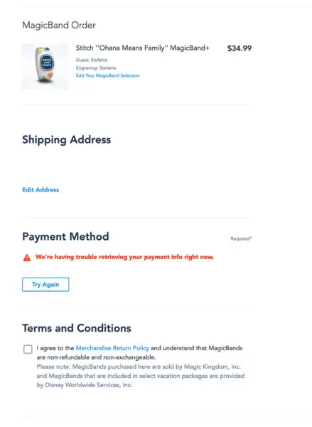 MagicBand+ shipping and payment info