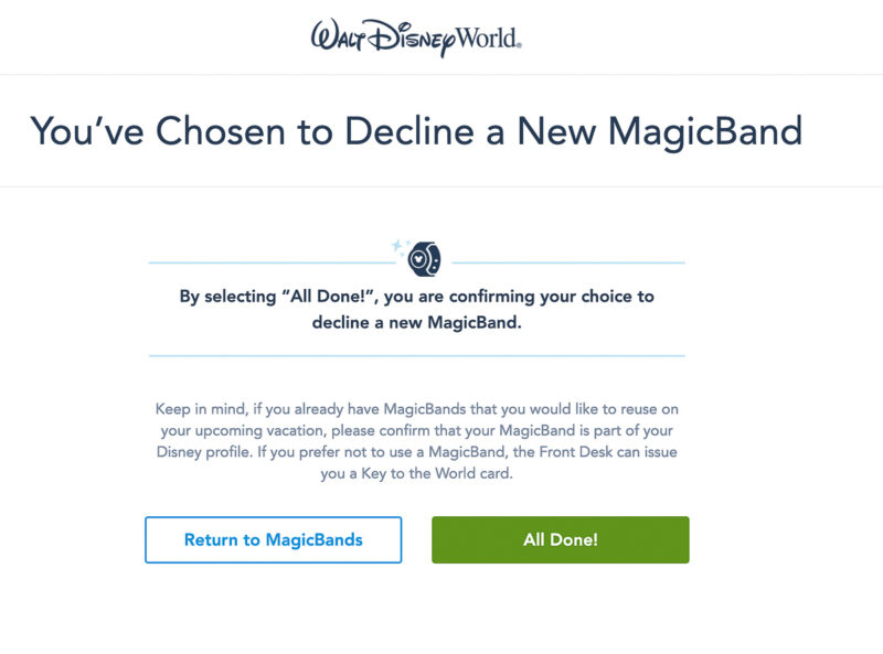Decline MagicBand+ selection Pre-Arrival