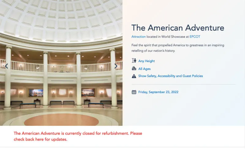 Calendar for American Adventure Refurbishment