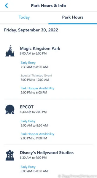 Walt Disney World Theme Parks reopening times in My Disney Experience