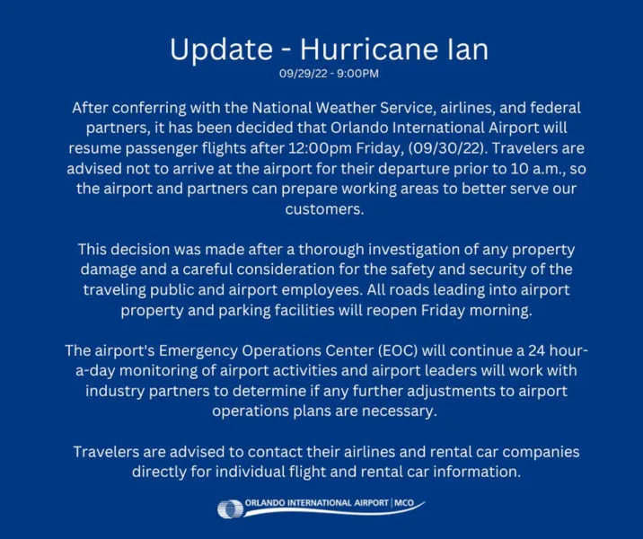Orlando International Airport reopening advisory