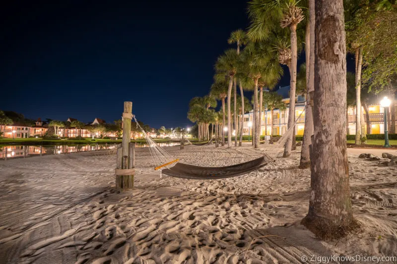 a hammock on the beach at night at Disney's Caribbean Beach Resort