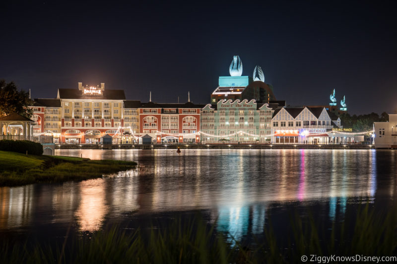 Disney's Boardwalk Inn across the lake at night