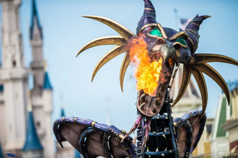Maleficent dragon breathing fire during Festival of Fantasy Parade