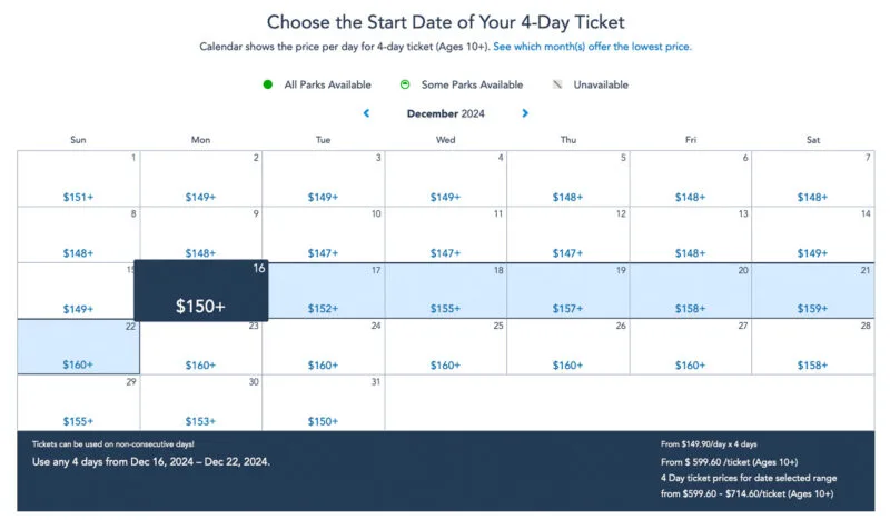 Disney World tickets calendar December 2024