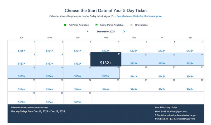 Disney World tickets calendar December 2024