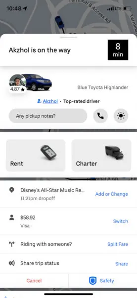 Using Ride Sharing service to get to Disney World Uber