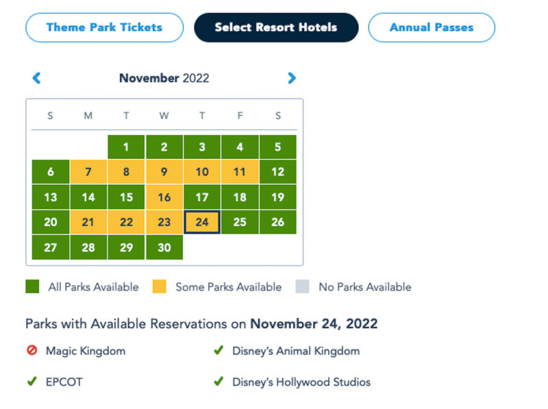 Disney Park Pass Reservations Resort Guests November 2022